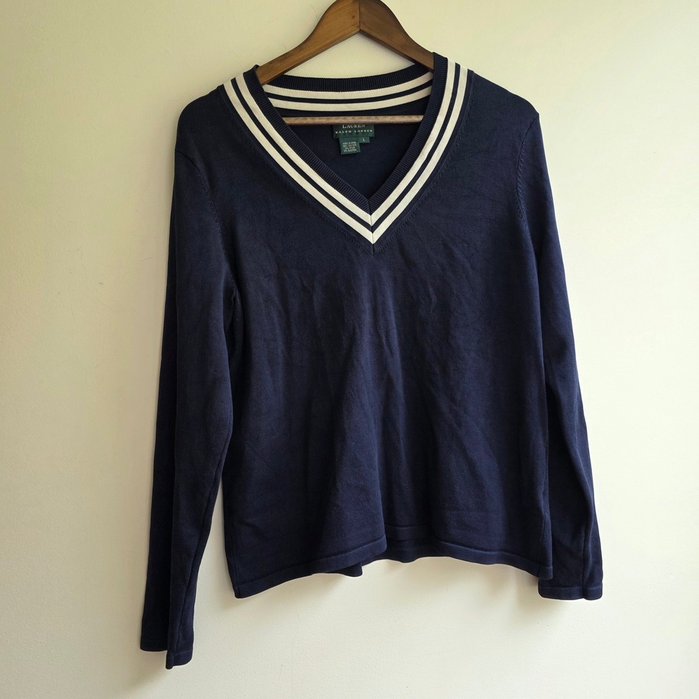 Lauren Ralph Lauren Navy Blue Silk Blend Striped V-Neck Sweater Vintage Preppy L